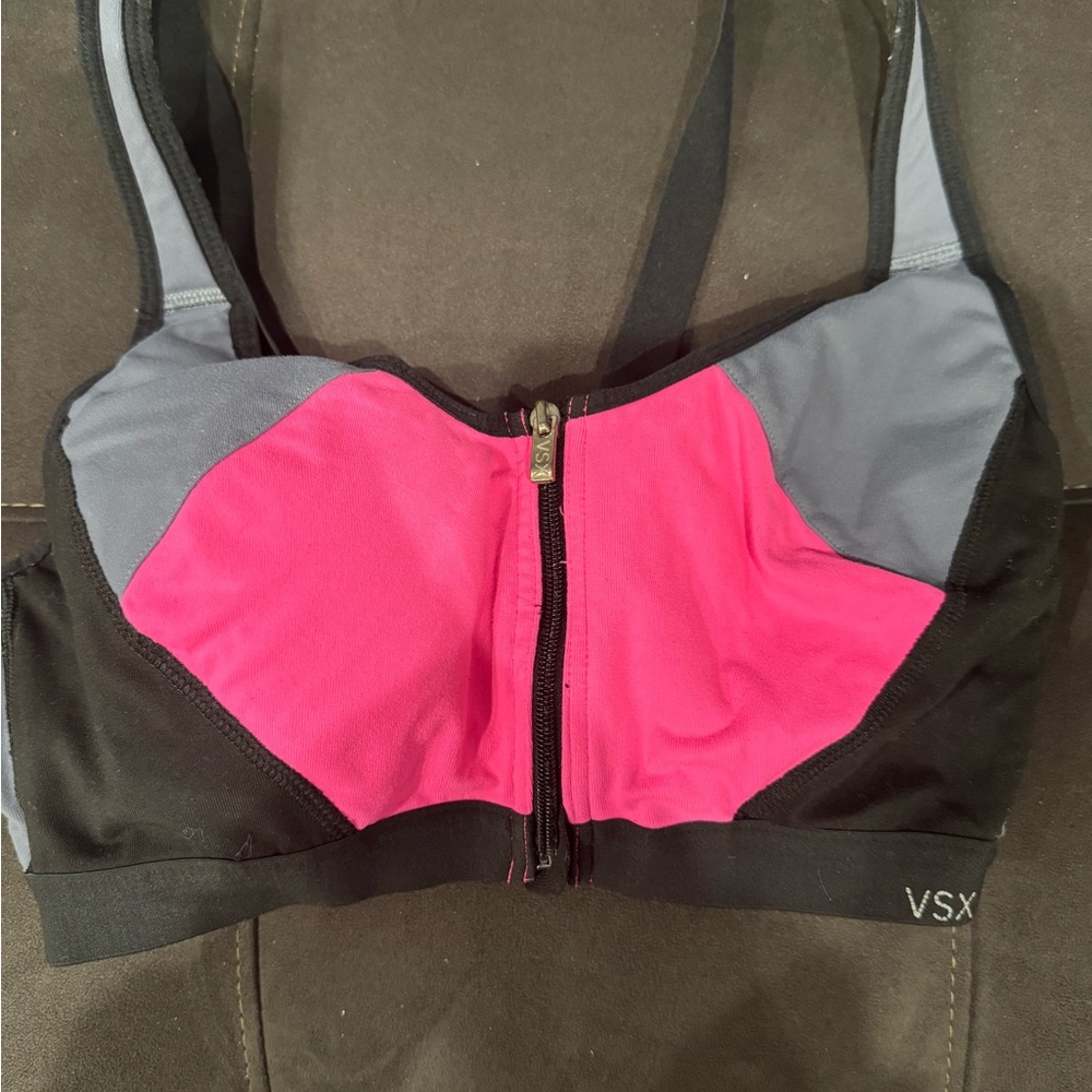 VSX Black and Pink Zip-Front Sports Bra